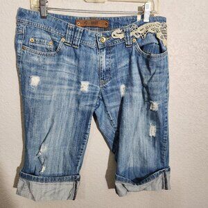 IRIT Jeans Womens 32 Blue Distressed Bermuda Shorts Lace Trim Embroidered Denim